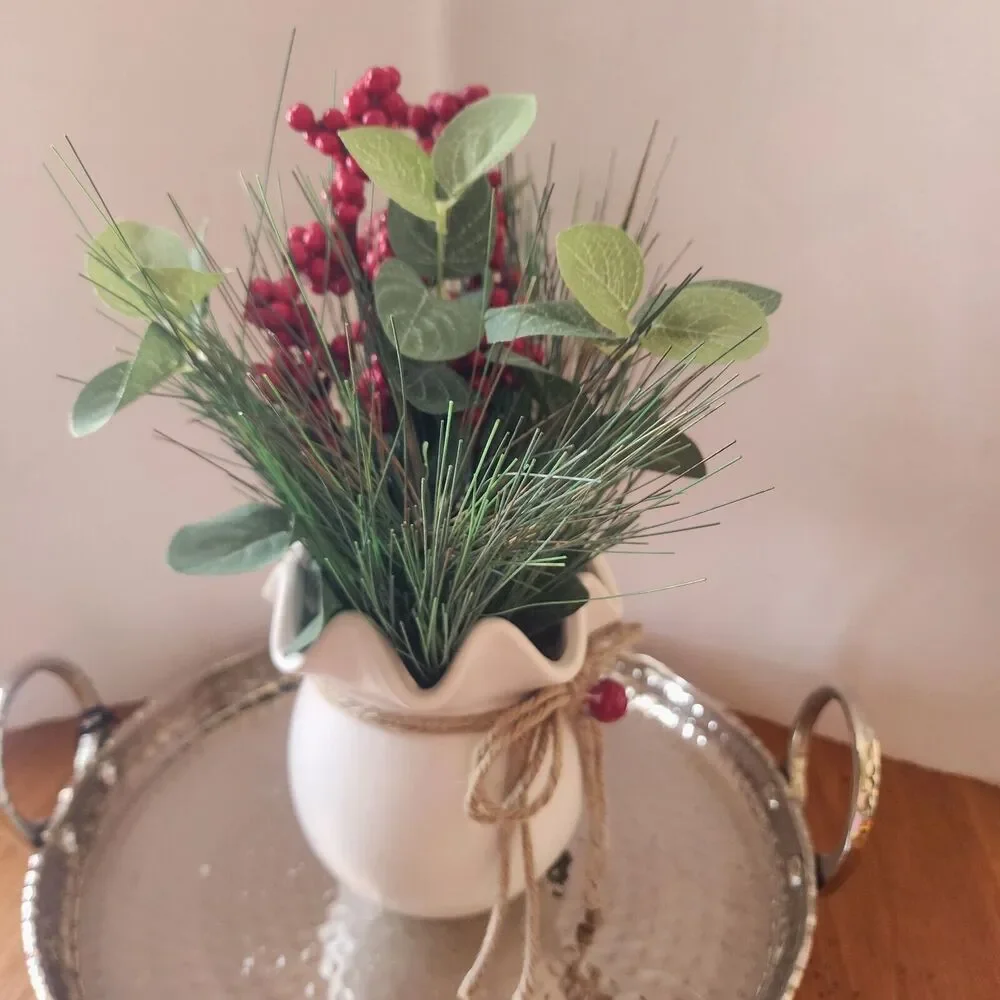 Home Decor Artifical Floral Greenery Arrangement White Ruffled Pottery P…